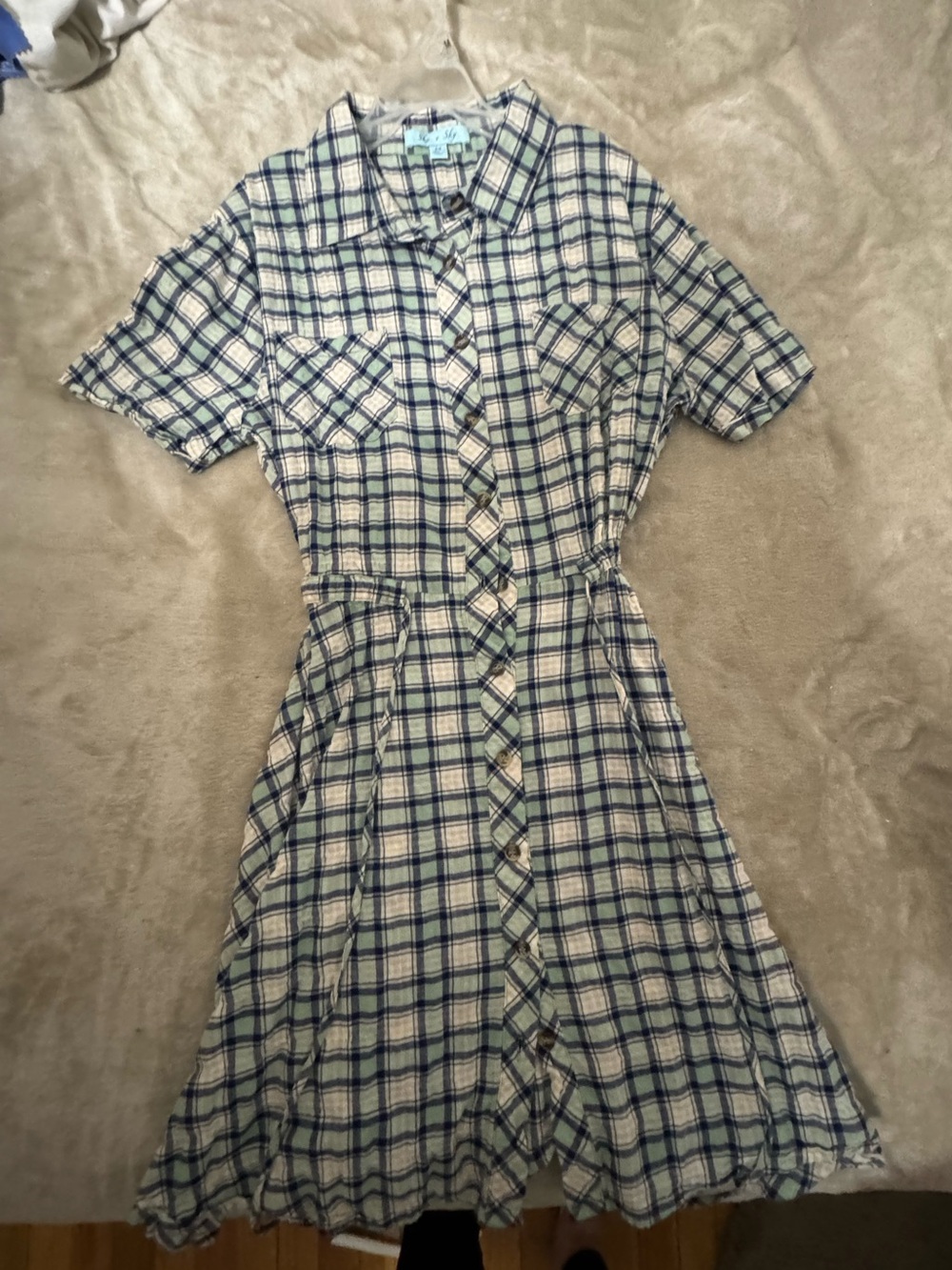 She + Sky Green and Navy Plaid Button-Front Dress